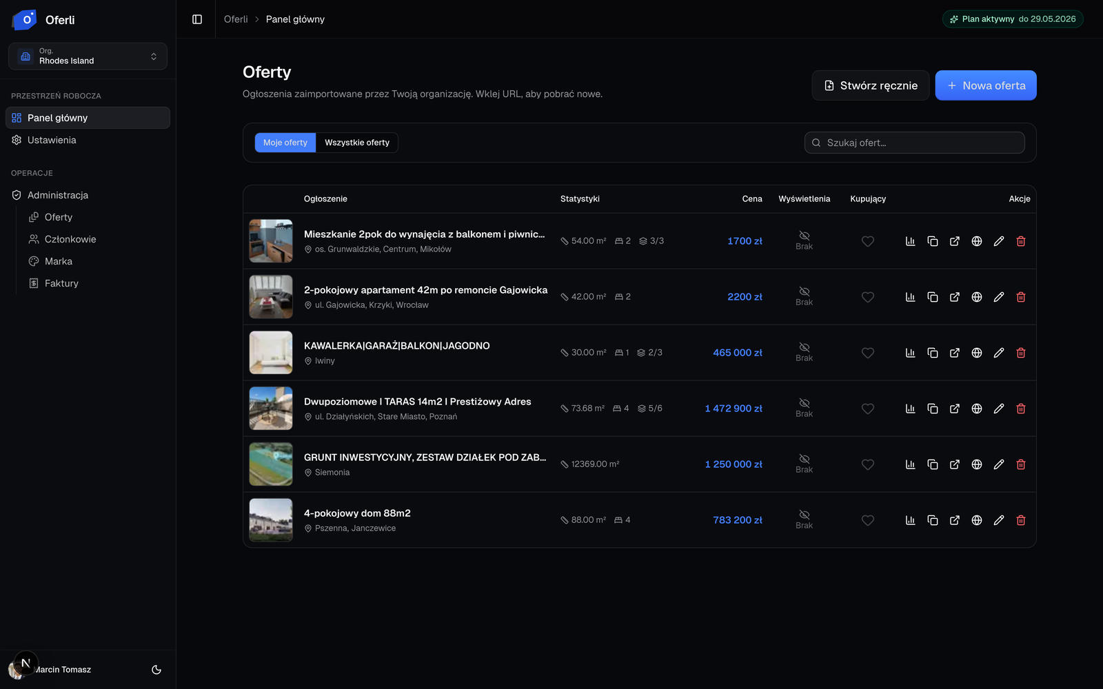 The agent dashboard in oferli.pl showing a list of property listings